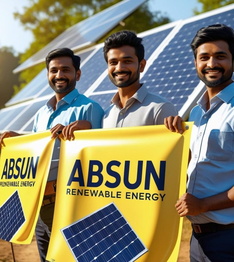 create image of INDIAN people holding banners of solar with name ‘ABSUN RENEWABLE ENERGY” WIT (1) create image of INDIAN people holding banners of solar with name 'ABSUN RENEWABLE ENERGY'' WIT (1)