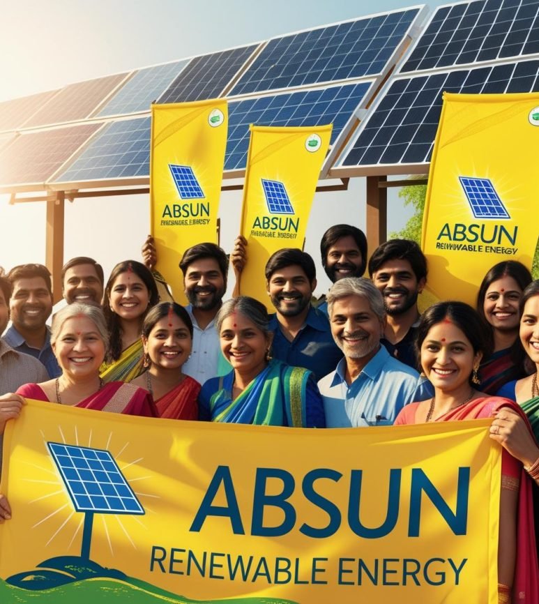 create image of INDIAN people holding banners of solar with name ‘ABSUN RENEWABLE ENERGY” WIT (2) create image of INDIAN people holding banners of solar with name 'ABSUN RENEWABLE ENERGY'' WIT (2)